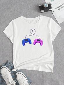 Timanima 遊戲手柄和愛心圖案T恤 - 白色 - 查看 1