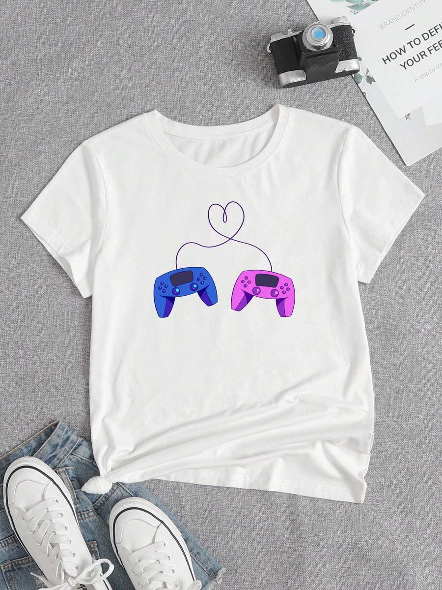 Timanima 遊戲手柄和愛心圖案T恤 - 白色 - 查看 1