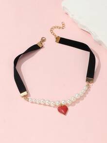 1 件女孩緞帶和珍珠心形吊墜項鍊 - 彩色 - 查看 2