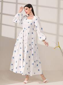 Modelyn Floral Print Square Neck Long Lantern Sleeve Ruffle Hem Modest Dress Long Evening Dresses - Blue - View 1