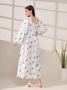 Modelyn Floral Print Square Neck Long Lantern Sleeve Ruffle Hem Modest Dress Long Evening Dresses - Blue - View 2