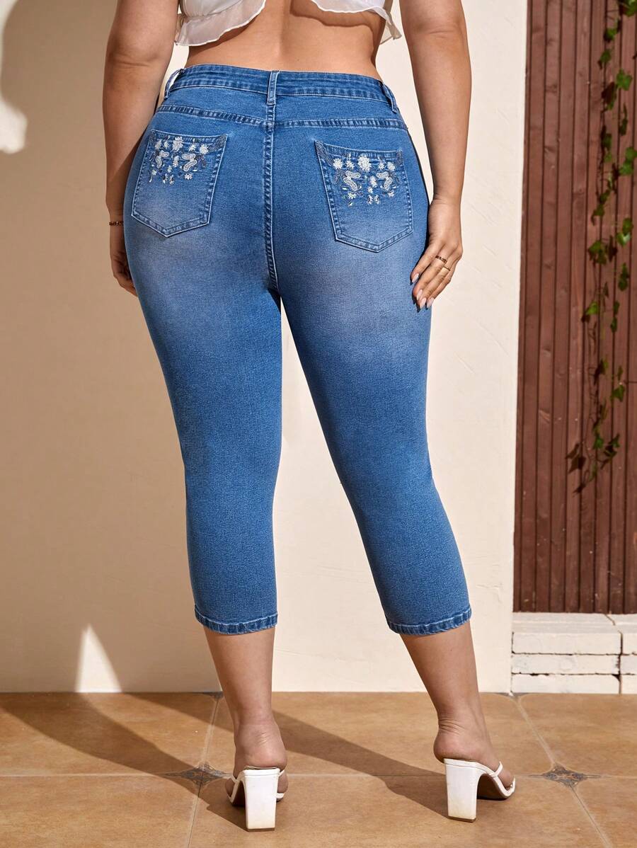 SHEIN Frenchy Quần Denim kích thước lớn Nút Túi Dây kéo Hoa - Rửa trung bình - Xem 1