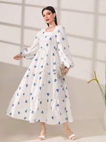 Modelyn Floral Print Square Neck Long Lantern Sleeve Ruffle Hem Modest Dress Long Evening Dresses - Blue - View 4