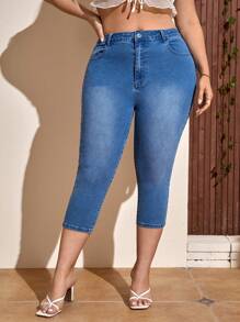 SHEIN Frenchy Quần Denim kích thước lớn Nút Túi Dây kéo Hoa - Rửa trung bình - Xem 2