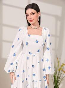 Modelyn Floral Print Square Neck Long Lantern Sleeve Ruffle Hem Modest Dress Long Evening Dresses - Blue - View 5