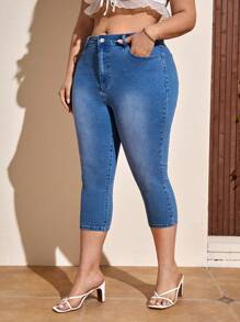 SHEIN Frenchy Quần Denim kích thước lớn Nút Túi Dây kéo Hoa - Rửa trung bình - Xem 5