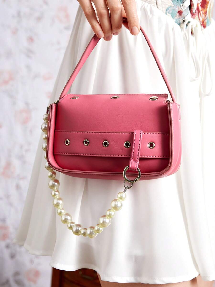 Mini Square Bag Grommet Eyelet & Faux Pearl Decor PU - Pink - View 1