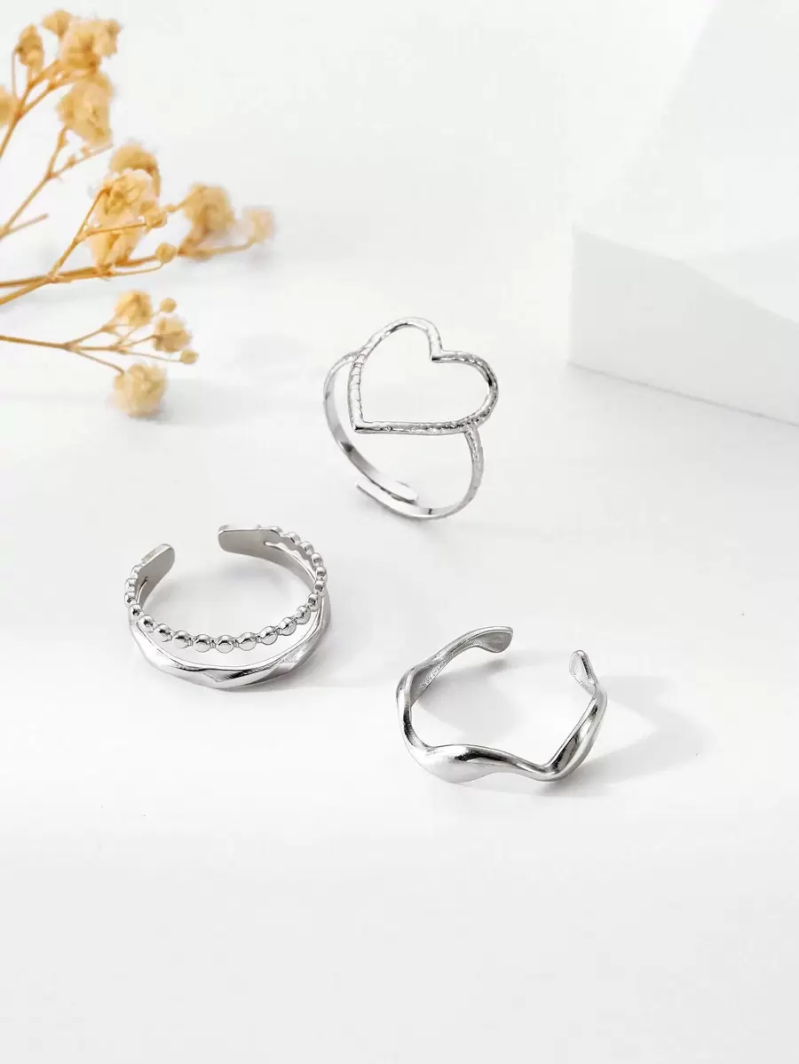 Dellgoo Bộ 3 chiếc nhẫn trang trí hình trái tim bằng thép không gỉ thời trang dành cho nữ dùng để trang trí hàng ngày ngày lễ tình nhân - Bạc - Xem 1