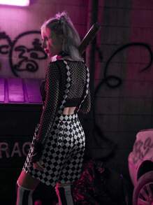 ROMWE Grunge Punk Áo liền quần nữ Túi Sọc ca rô Giải trí - Đen và trắng - Xem 2