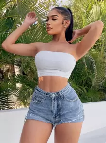 SHEIN SXY Ripped Raw Hem Denim Shorts - Light Wash - View 1