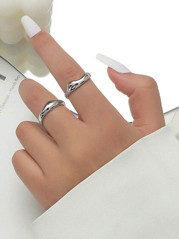 2pcs Geometric Open Circle Design Simple & Fashionable Ring Set For Women, Daily Wear