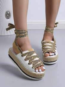 Dép quai ngang mắt cá chân cho phụ nữ, Xăng đan Espadrille họa tiết chữ cái - trắng - Xem 2