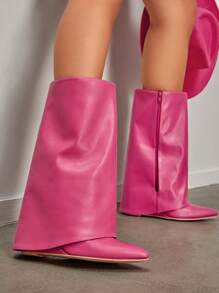 CUCCOO SZL Neon Pink Point Toe Wedge  Boots - Hot Pink - View 2