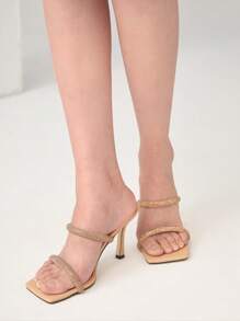 Women Rhinestone Decor Stiletto Heeled Mule Sandals, Glamorous Party Heeled Sandals - Apricot - View 1