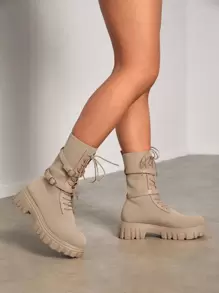 Knit Detail Buckle Decor Lace-up Front Sock Boots - Apricot - View 3