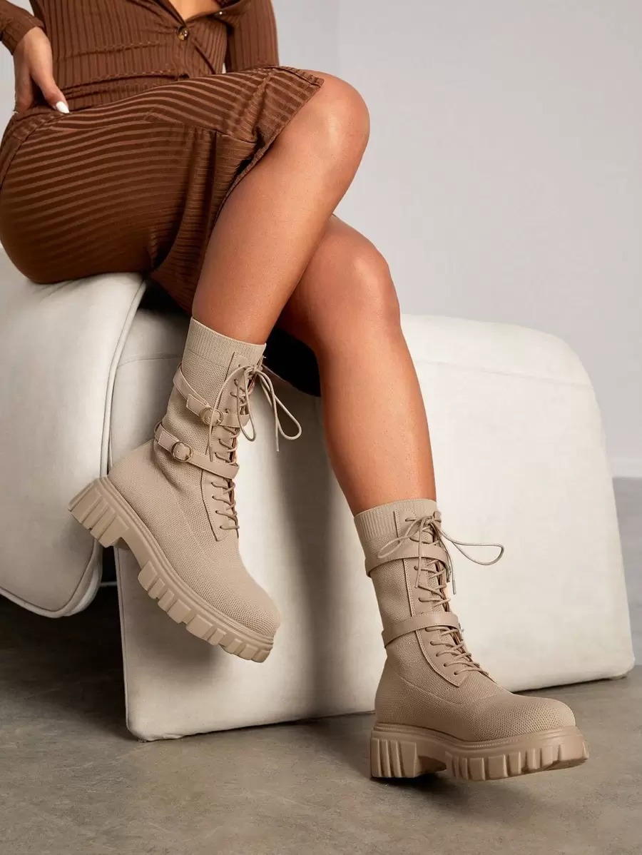 Knit Detail Buckle Decor Lace-up Front Sock Boots - Apricot - View 1