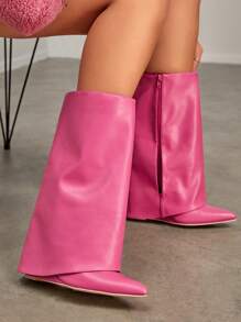 CUCCOO SZL Neon Pink Point Toe Wedge  Boots - Hot Pink - View 7