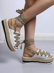 Dép quai ngang mắt cá chân cho phụ nữ, Xăng đan Espadrille họa tiết chữ cái - trắng - Xem 3