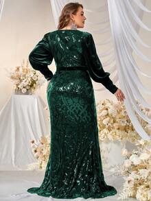 YISIKADO Đầm Plus Size ghép mộng kim sa Dây kéo Hoa Buổi tiệc - Màu xanh lá cây đậm - Xem 2