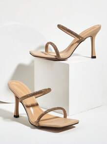 Women Rhinestone Decor Stiletto Heeled Mule Sandals, Glamorous Party Heeled Sandals - Apricot - View 4