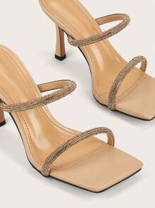 Women Rhinestone Decor Stiletto Heeled Mule Sandals, Glamorous Party Heeled Sandals - Apricot - View 5