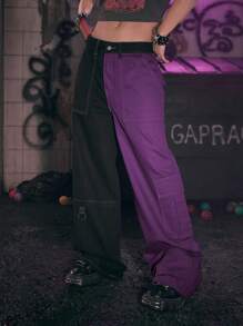 ROMWE Grunge Punk 雙色側翻蓋口袋工裝牛仔褲 - 彩色 - 查看 3