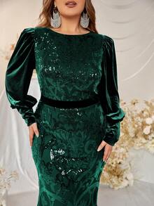 YISIKADO Đầm Plus Size ghép mộng kim sa Dây kéo Hoa Buổi tiệc - Màu xanh lá cây đậm - Xem 4