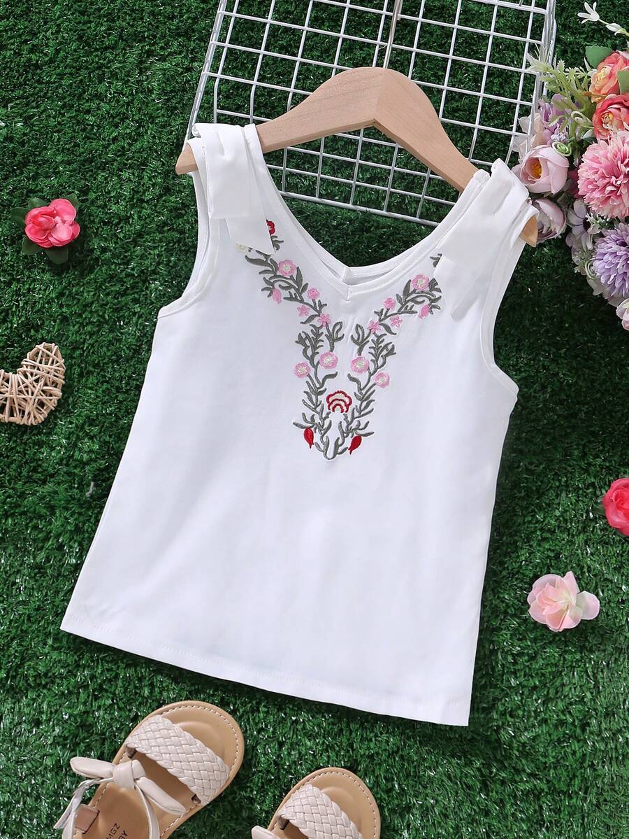 小女童花卉刺繡肩部蝴蝶結背心上衣