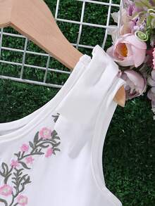 小女童花卉刺繡肩部蝴蝶結背心上衣