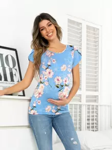 DEARCASE 孕婦印花花瓣袖T恤 - 藍色 - 查看 1