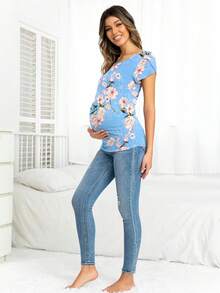 DEARCASE 孕婦印花花瓣袖T恤 - 藍色 - 查看 3