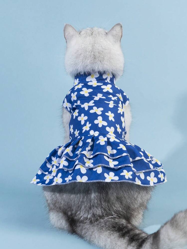 1pc Flower Print Pet Dress For Dog And Cat For Summer - Blue - View 1