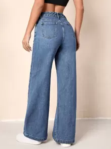 SHEIN Essnce 高腰闊腿牛仔褲 - 中等水洗藍 - 查看 2