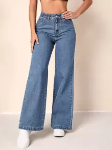 SHEIN Essnce 高腰闊腿牛仔褲 - 中等水洗藍 - 查看 5