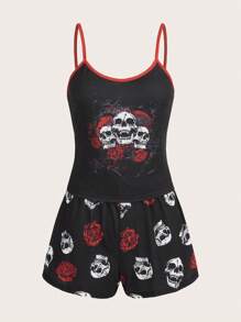 ROMWE Grunge Punk Skull & Floral Print Contrast Binding PJ Set - Black - View 4