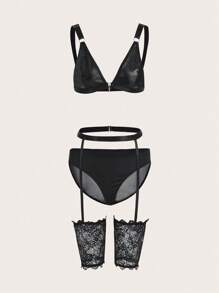 ROMWE Goth 3pack Contrast Lace Garter Lingerie Set - Black - View 1