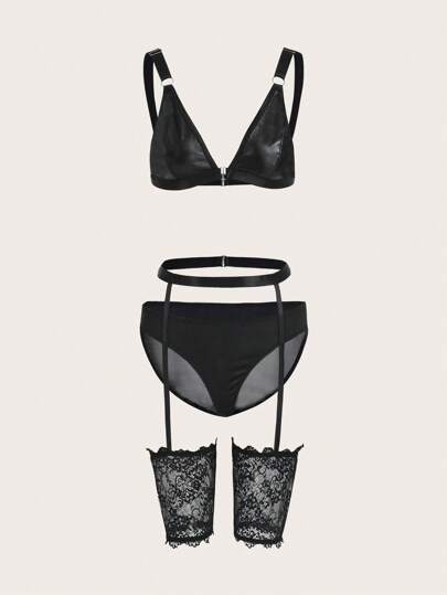 Goth 3 pacchi Set lingerie pizzo a contrasto giarrettiera
