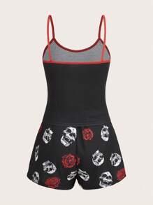 ROMWE Grunge Punk Skull & Floral Print Contrast Binding PJ Set - Black - View 2