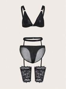 ROMWE Goth 3pack Contrast Lace Garter Lingerie Set - Black - View 2
