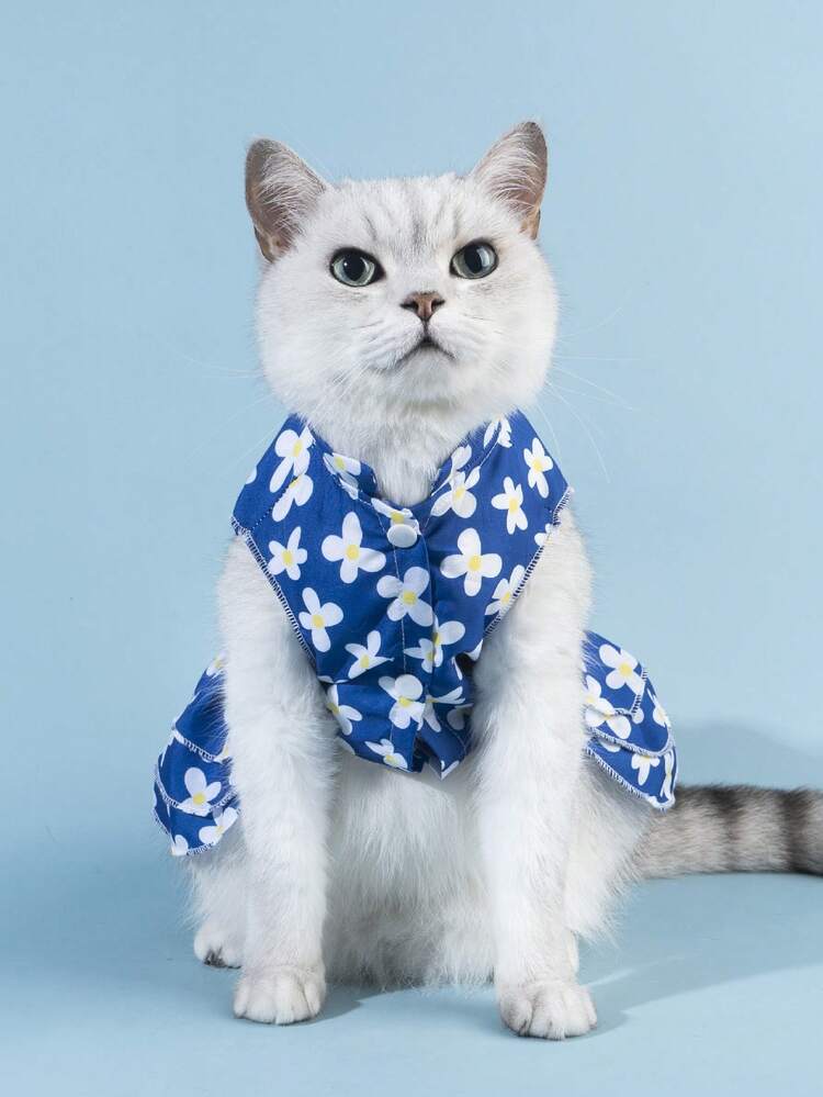 1pc Flower Print Pet Dress For Dog And Cat For Summer - Blue - View 6