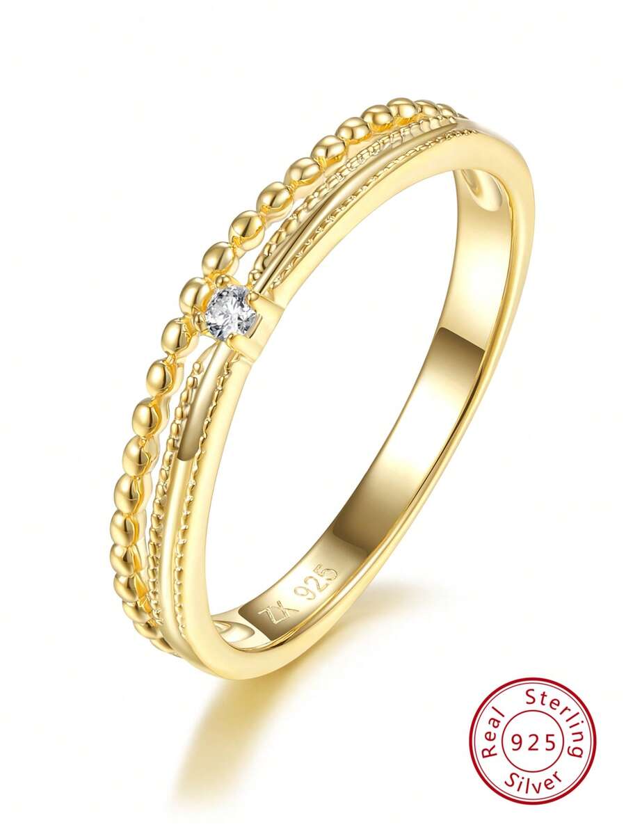 Cubic Zirconia Decor Silver Ring - Yellow Gold - View 1