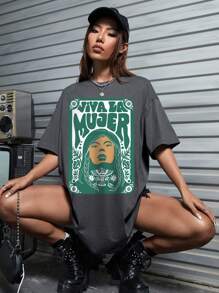 Mocosa Figure & Slogan Graphic Drop Shoulder Dress - Dark Grey - View 4