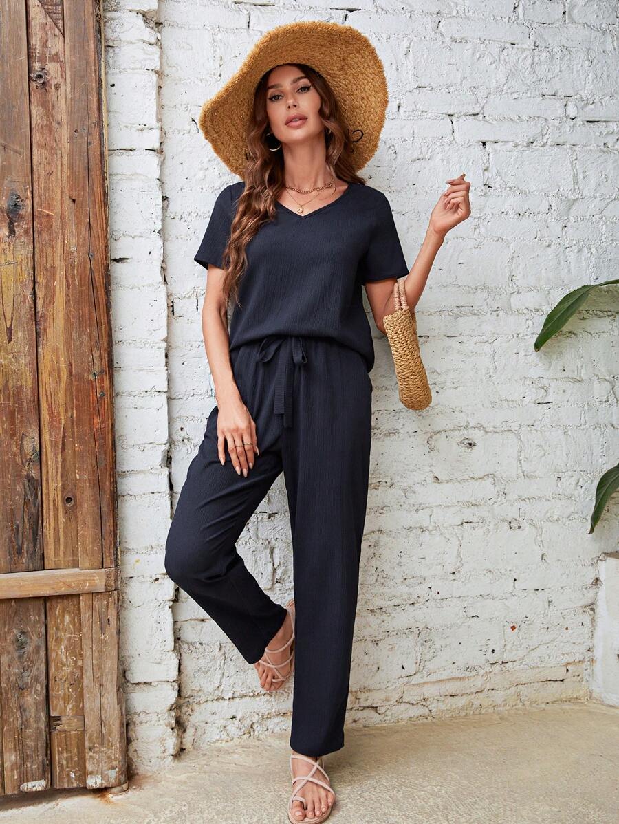 EMERY ROSE 素色V領T恤和前繫帶長褲 - 藏蓝色 - 查看 1