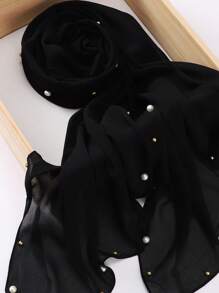 1 珍珠飾釘雪紡圍巾 - 黑色 - 查看 2