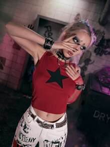 ROMWE Grunge Punk 星星補丁貼羅紋背心上衣 - 紅色 - 查看 1