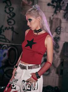 ROMWE Grunge Punk 星星補丁貼羅紋背心上衣 - 紅色 - 查看 3