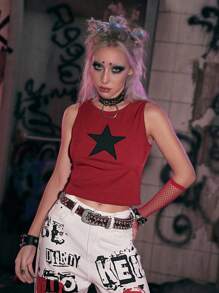 ROMWE Grunge Punk 星星補丁貼羅紋背心上衣 - 紅色 - 查看 5