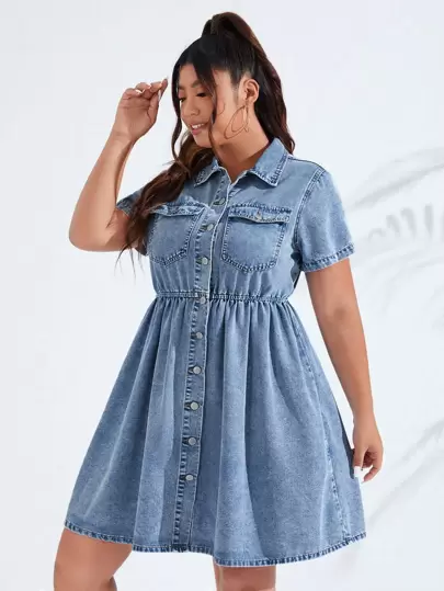 SHEIN ICON Plus Flap Pocket Shirt Denim Dress