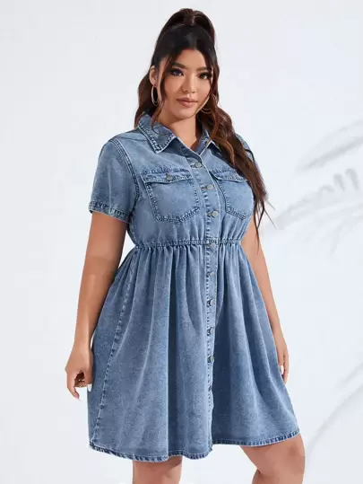 SHEIN ICON Plus Flap Pocket Shirt Denim Dress