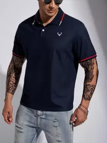 Manfinity Homme Men Plus Antler Print Contrast Trim Polo Shirt - Navy Blue - View 1